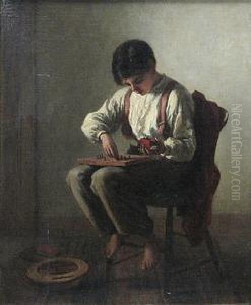 A Boy Playing A Game On A Peg Board,1865 Oil Painting by Edwin White