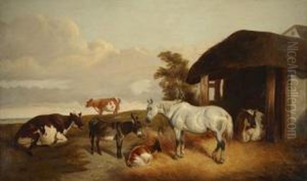 A Pastoral Scene With Cattle, Horse Foal And Donkey Oil Painting by James Talmage White