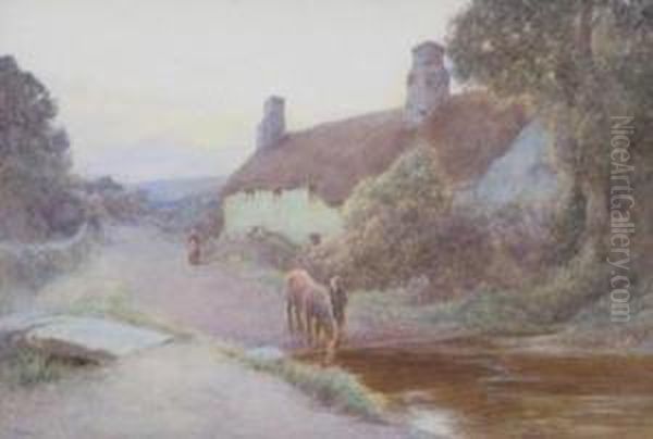 A Horse Watering At A Ford By A Cottage Oil Painting by John White