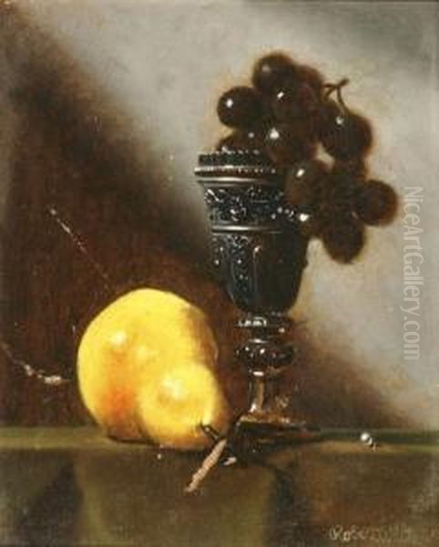 Table Top Still Life Of A Pear And Goblet Withgrapes Oil Painting by Robert White