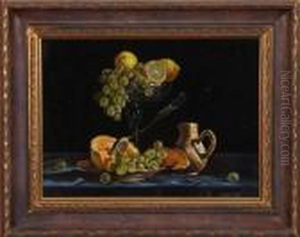 Tabletop Still Life With Grapes And Citrus Fruit Oil Painting by Robert White