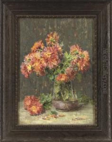 Variegated Dahlias In A Glass Vase, On A Table Oil Painting by Elizabeth Whitehead