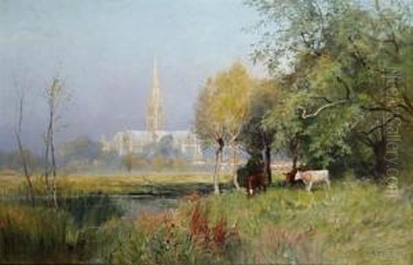 Cattle Grazing With Salisbury Cathedral In The Distance Oil Painting by Frederick William N. Whitehead