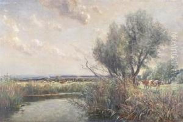 River Landscape With Cattle On The Banks Oil Painting by Frederick William N. Whitehead