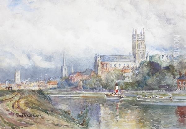 View Of A Cathedral Town From The River Oil Painting by Frederick William N. Whitehead