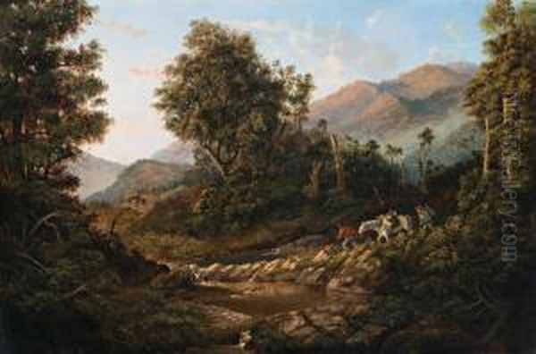 Gold Prospectors Crossing A Stream Oil Painting by Isaac Whitehead