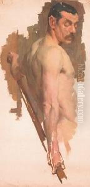 Half Length Study Of A Male Nude Holding A Staff Oil Painting by John William Whiteley