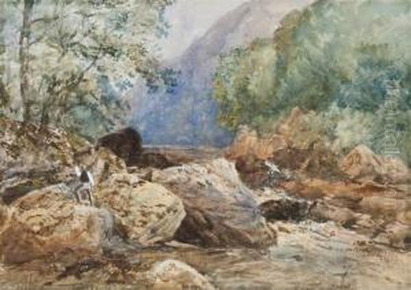 Fisherman In A River With Distant Mountains Oil Painting by James William Whittaker