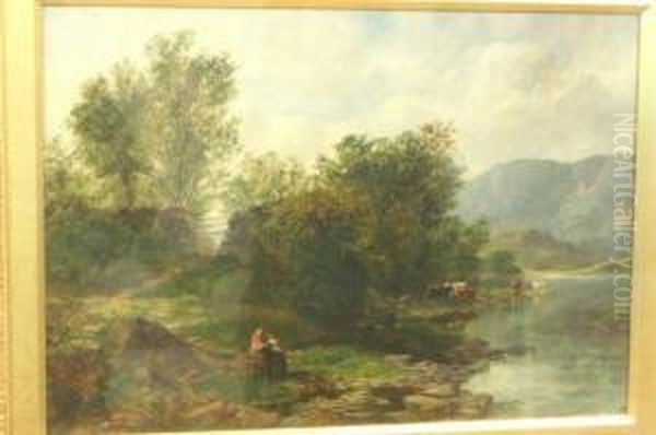 Resting By The River, An Extensive Summer Landscape With Figures And Cows Oil Painting by James William Whittaker