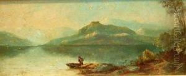 Mountain River Landscape With Figure In A Punt Oil Painting by Thomas Whittle