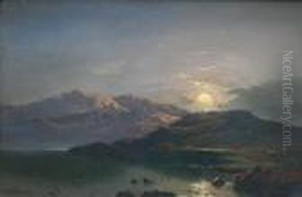 Shepherd With Flock By A Lake At Sunset Oil Painting by Thomas Whittle