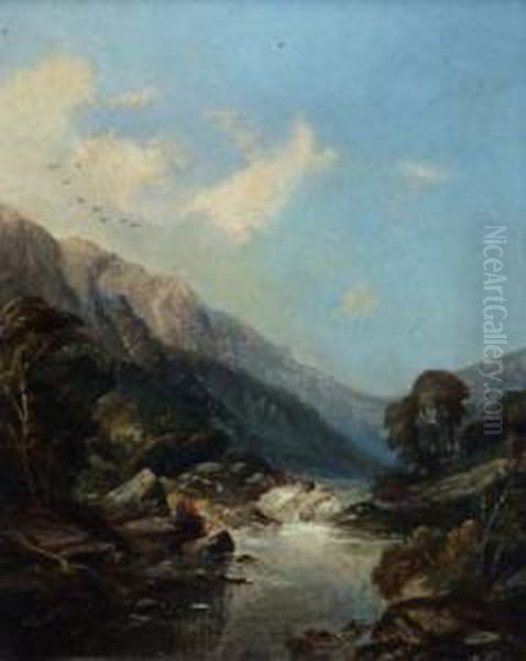 River Scenewith Anglers Oil Painting by Thomas Ii Whittle