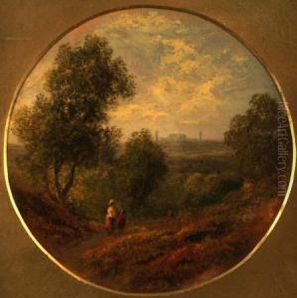 A Distant View Of Crystal Palace From The Shirley Hills With Figures On A Road Oil Painting by Thomas Ii Whittle