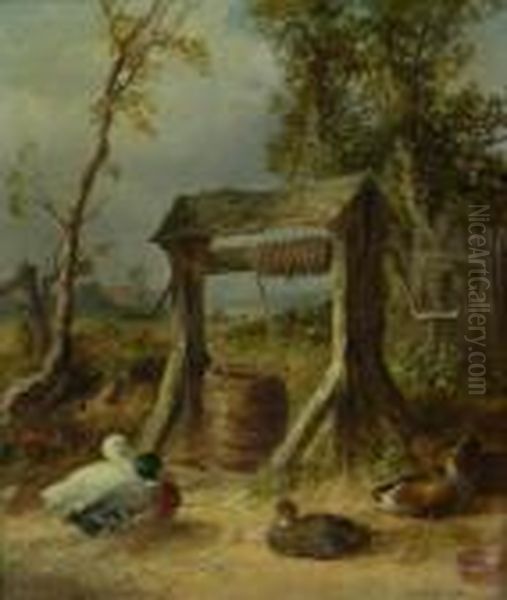 Ducks By The Well Oil Painting by Thomas Ii Whittle