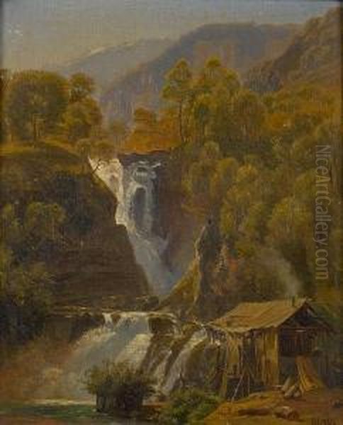 A Waterfall Oil Painting by Thomas Worthington Whittredge