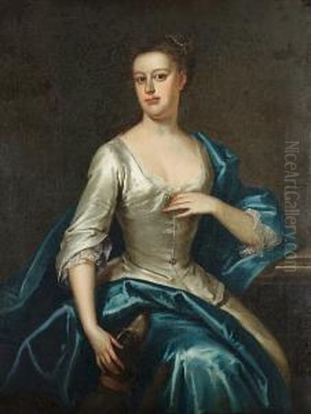 Portrait Of A Lady, Said To Be Mrs Jane Gore, Three-quarter-length, In A White Dress With A Blue Wrap, A Dog At Her Side Oil Painting by Isaac Whood