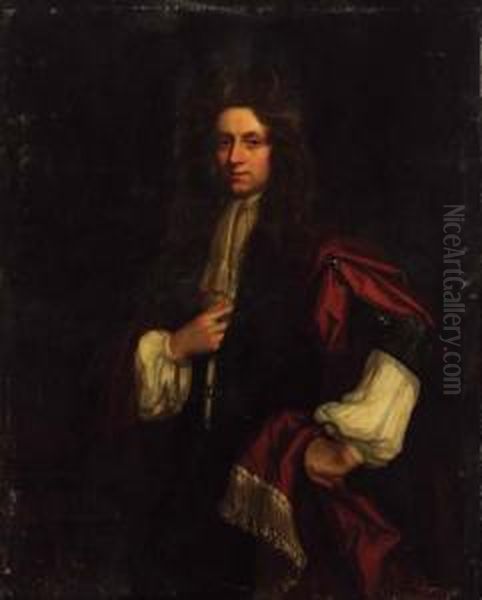 Portrait Of A Gentleman, Three-quarter-length, In A Green Coat Withred Mantle, Standing By A Plinth Oil Painting by Isaac Whood