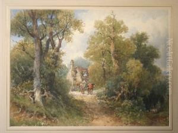 Rural Scene With Cottage, Horse, Cart And Lady Oil Painting by Josiah Wood Whymper