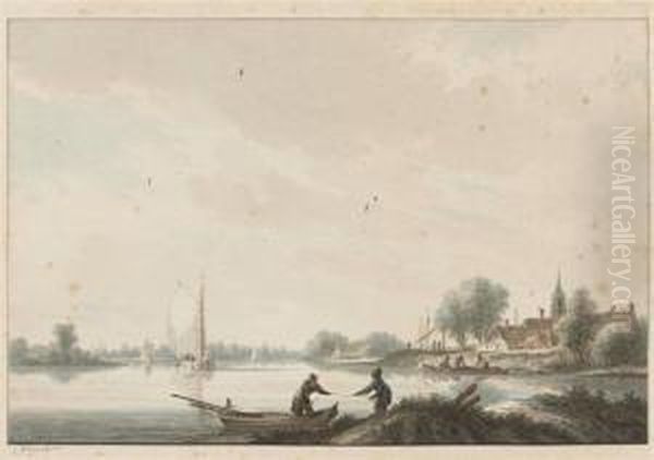 River Landscape With Village And Fishing Boats Oil Painting by Nicolaes Wicart