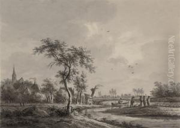 Figures On The Banks Of The Kromme Rijn, Werkhoven Oil Painting by Nicolaes Wicart