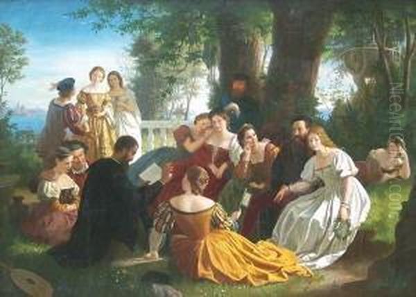 Pietro Aretino Liest Einer Gesellschaft Im Garten Tizian's Zu Venedig Aus Seinen Werken Vor Oil Painting by Adolf Friedrich G. Wichmann