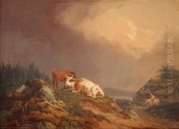 Landscape With Resting Cows Oil Painting by Per Wickenberg