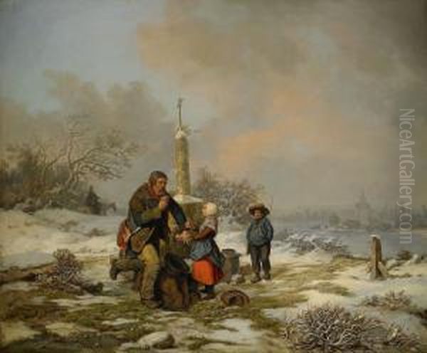 Vinterlandskap Med Vandringsman Och Barn Vid Vagaltare Oil Painting by Per Wickenberg