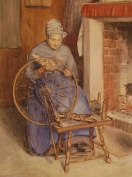 Woman At Spinning Wheel Oil Painting by Robert J. Wickenden