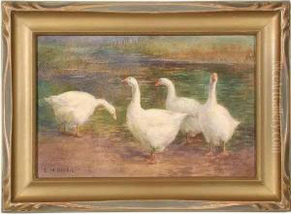 Geese At The Water'sedge Oil Painting by Marias Ethel Wickes