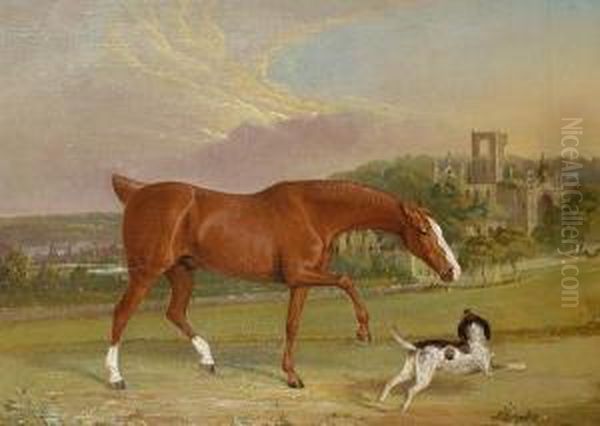 Horse And Dog Before Kirkstall Abbey Oil Painting by John Widdas