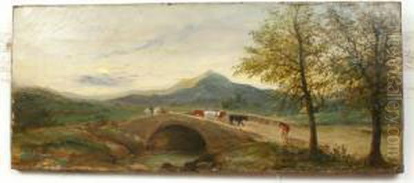 Driving Cattle Across A Bridge Oil Painting by Richard Dodd Widdas