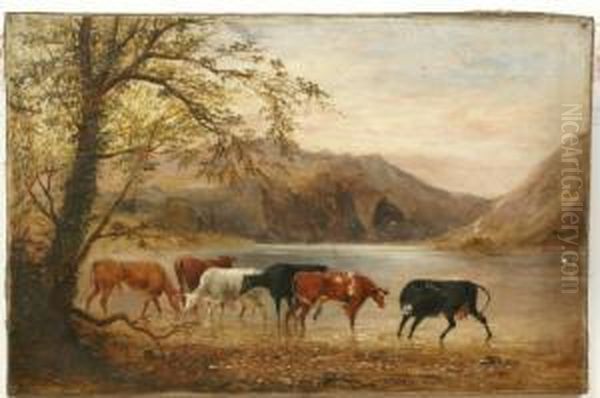 Cattle Watering, With Mountains Beyond Oil Painting by Richard Dodd Widdas