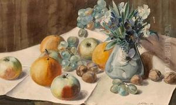 Still Life With Flowers, Fruit And Nuts Oil Painting by Gunnar M. Widforss