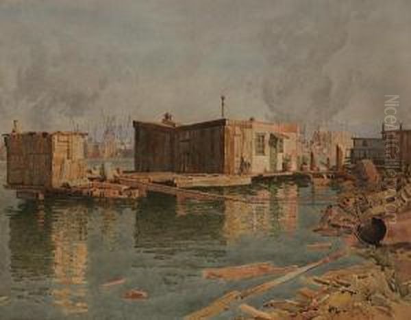 Houseboat With Busy Port Beyond Oil Painting by Gunnar M. Widforss