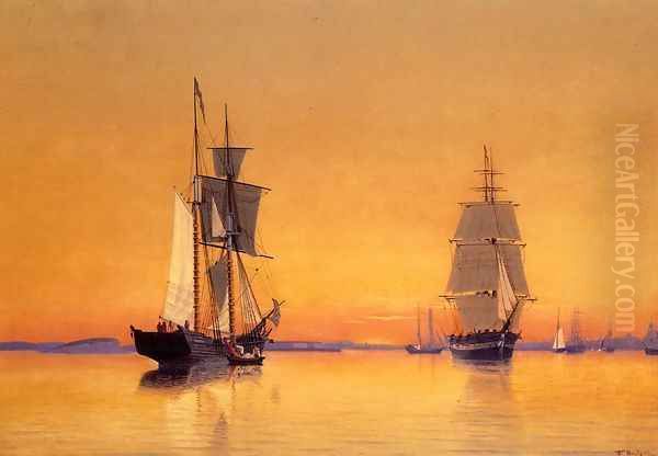 Ships in Boston Harbor at Twilight Oil Painting by William Bradford