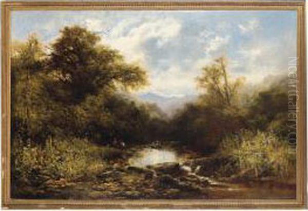 Figures In A River Landscape Oil Painting by William Widgery