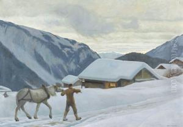 Winterlicher Sonnenaufgang Mit Bauer Und Pferd Im Gebirge Oil Painting by Hans Widmer