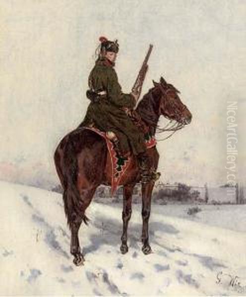 A Prussian Hussar In A Winter Landscape Oil Painting by Gustav Wie