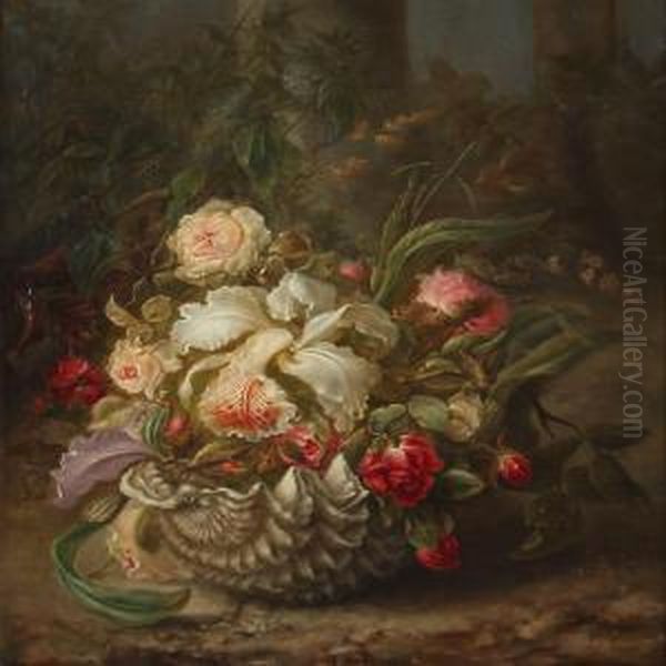 Roses And Iris In A Shell Oil Painting by Henriette Wiedebusch