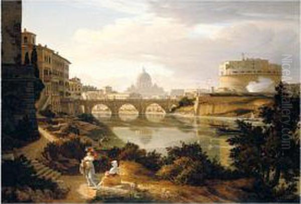 Rome, A View Of The River Tiber Looking South With The Castel Sant'angelo And Saint Peter's Basilica Beyond Oil Painting by Rudolf Wiegmann