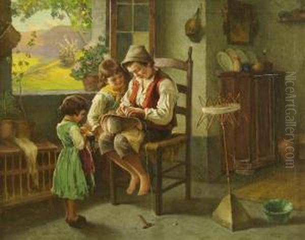 Boy Fixing Buggy With Two Sisters Oil Painting by Franz Wiehl