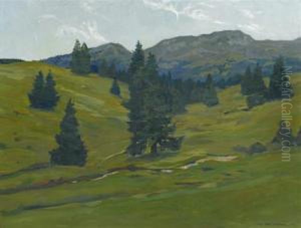 Field With View Of Piz Scalottas Oil Painting by Hans Beat Wieland