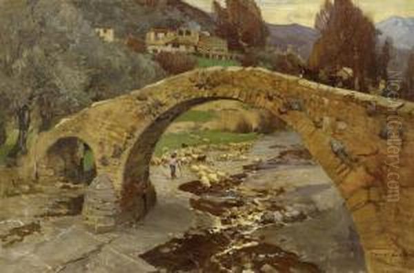 Shepherds Near An Old Bridge In Theligurian Alps Oil Painting by Manuel Wielandt