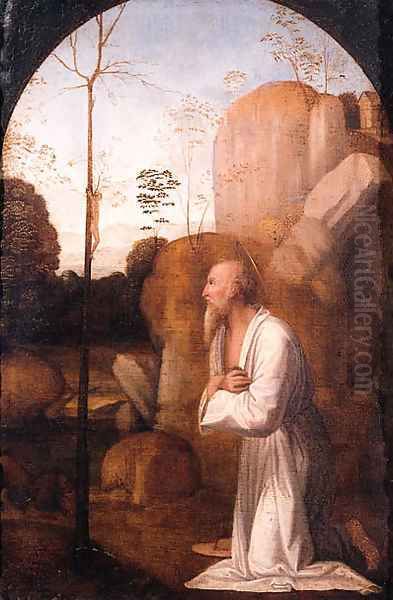 The penitent Saint Jerome in a landscape, in a painted arch Oil Painting by Fra Bartolomeo