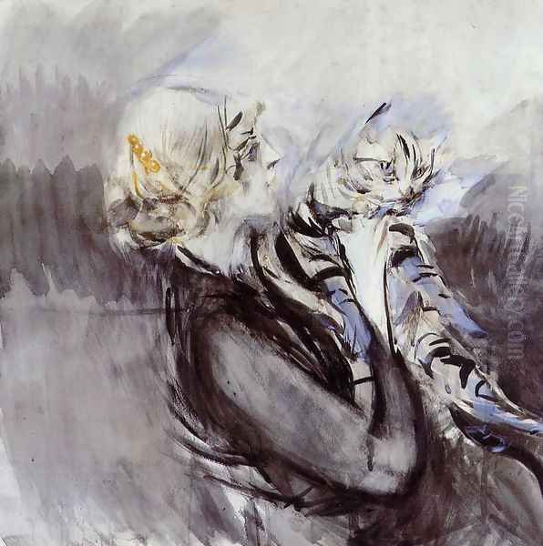 A Lady With A Cat Oil Painting by Giovanni Boldini