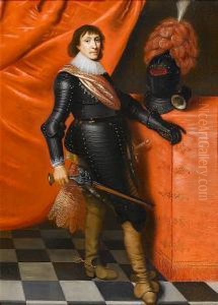 Portrait Of Christian The Younger, Duke Of Brunswick And Bishop Of Halberstadt, Full-length, In Armour, Holding A Wheel-lock Pistol, Standing Beside A Draped Table With A Plumed Helmet, Before A Red Curtain Oil Painting by Harmen Willemsz. Wieringa