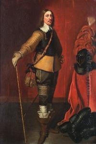 Portrait Of An Officer, Standing Small-full-length, In An Embroidered Coat With A Breast Plate And Sash, Holding A Cane, By A Draped Table With A Helmet, And Armour Oil Painting by Harmen Willemsz. Wieringa