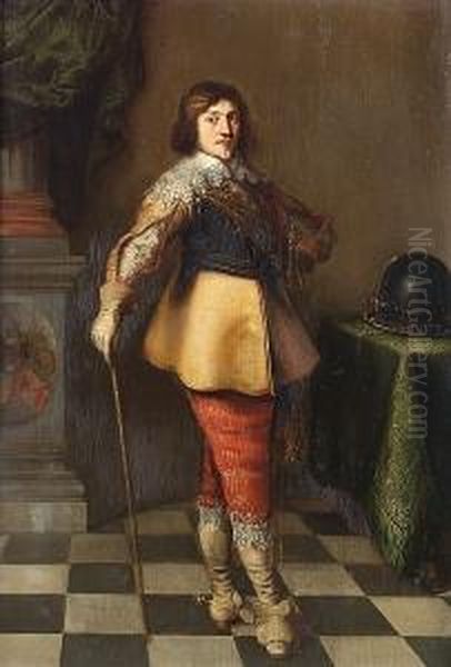 Portrait Of An Officer, Standing Small-full-length, In A Buff Coat, Striped Breeches And A Lace Collar, Holding A Cane, Before A Draped Column And A Table Oil Painting by Harmen Willemsz. Wieringa