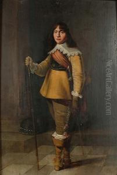 Portrait Of An Officer, Standing Full-length, In An Interior Oil Painting by Harmen Willemsz. Wieringa