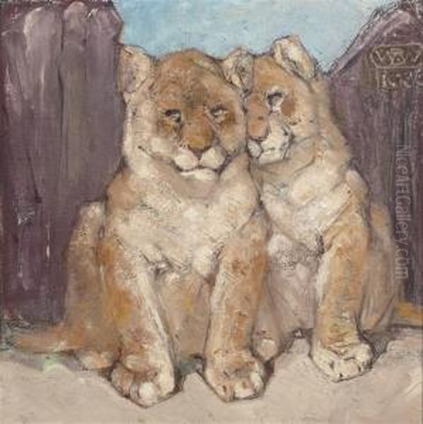 Two Lion Cubs Oil Painting by Bernard Willem Wierink